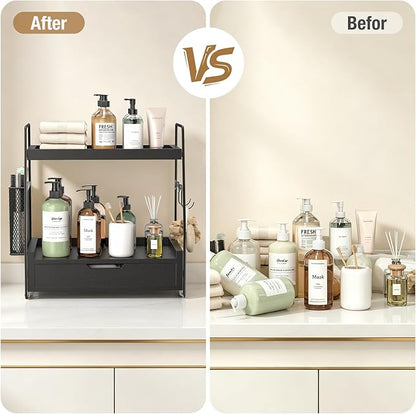 2-Tier Bathroom Counter Organizer with Drawer & Removable Basket, Wood & Metal Vanity Organizer for Skincare, Makeup, Perfume, Toiletries, Small Bathroom Counter Shelf, 13'' Black