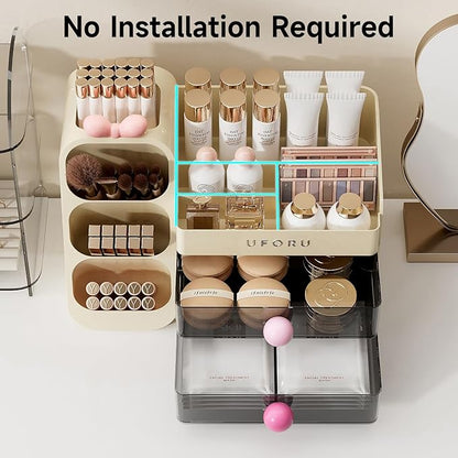Makeup Organizer for Vanity with Brush Holder, Large Capacity Bathroom Countertop Skincare Organizer with 2 Drawers, Cosmetic Display Case for Perfumes, Eyeshadow Palettes, Nail Polishes