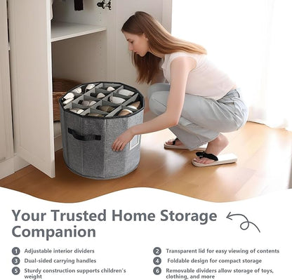 Shoe Storage Box for Women – 15.7" x 13" Grey Round Cylindrical Boot Organizer with Clear Lid, Foldable Closet Shoe Box with Adjustable Dividers, Space-Saving Design Fits Heels, Sneakers & Ankle Boots