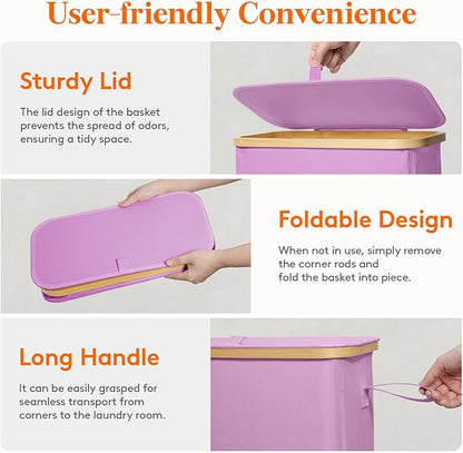Lifewit 75L Slim Laundry Hamper with Lid, Narrow Laundry Basket with Removable Bag & Bamboo Handles, Fodable Thin Dirty Clothes Hamper for Laundry Collapsible Bin for Bathroom Bedroom Dorm, Purple