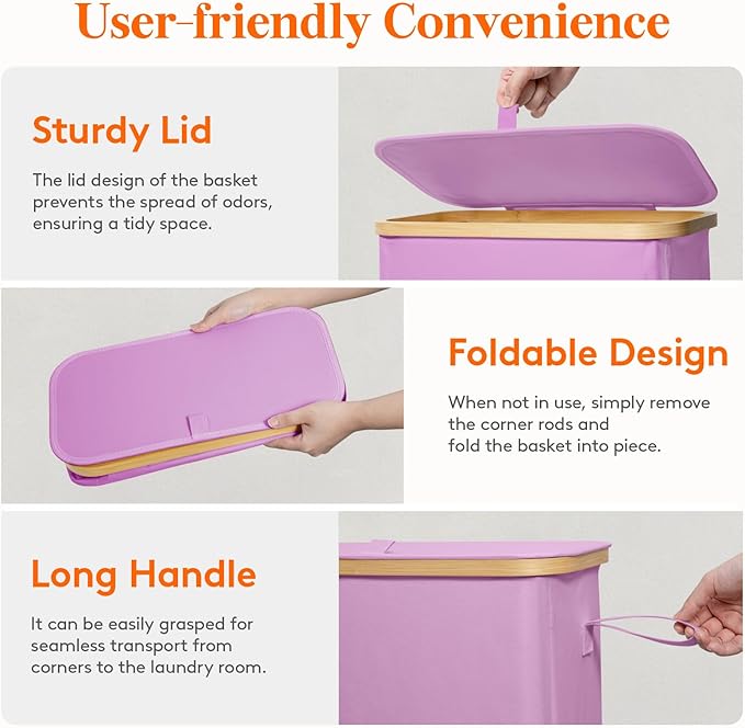 Lifewit 65L Slim Laundry Hamper with Lid, Narrow Laundry Basket with Removable Bag & Bamboo Handles, Fodable Thin Dirty Clothes Hamper for Laundry Collapsible Bin for Bathroom Bedroom Dorm, Purple