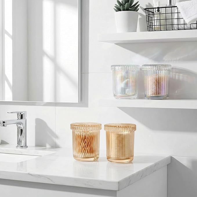 Bathroom Organizers and Storage,2 Pack Glass Qtip Holder Dispenser,Bathroom Essentials Accessories Decor,Vanity Makeup Storage Organizer for Cotton Swabs,Cotton Balls,Pads,Floss Picks (Amber)