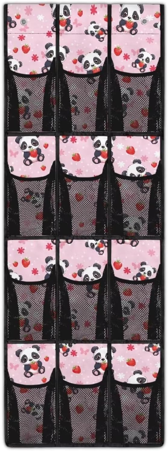 Pink Shoe Organizer Over The Door 12 Pockets Door Hanging Storage for Closet Cute Panda Wall Hanging Storage for Bathroom Easy to Install Shoe Holder Hanger
