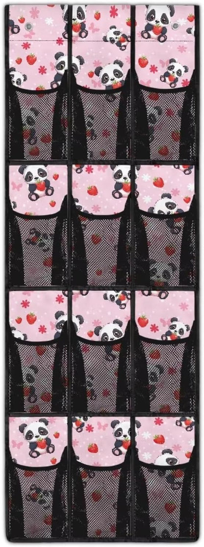 Pink Shoe Organizer Over The Door 12 Pockets Door Hanging Storage for Closet Cute Panda Wall Hanging Storage for Bathroom Easy to Install Shoe Holder Hanger