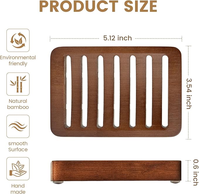 Slotted Bar Wood Soap Dish Self Draining, Wooden Sponge Holder, 1 Pack Curved Slotted Bamboo Soap Dish with Drainage for Shower, Bathroom, Kitchen, Sink, Travel, Packed in A Box (Dark Brown)