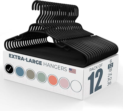 Large & Wide Heavy Duty Clothes Hangers 12 Pack – Made in USA – Ideal for Plus Size Clothing – 10lb Plastic Hangers with Notches for Oversized Adult Coats & Pants – Black