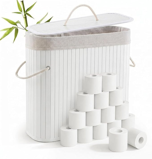 Leinuosen Bamboo Toilet Paper Storage Basket 8 Gallons/30 L Toilet Paper Organizer Holder with Lid Waterproof for Kitchen Bathroom Home(White,Regular)