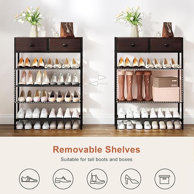 Shoe Rack, 5 Tier Shoe Organizer with 2 Drawers, Metal Shoe Storage for 16-20 Pairs of Shoes with Fabric Shelves and Wooden Top, Narrow Shoe Shelf for Closet Entryway Dark Brown