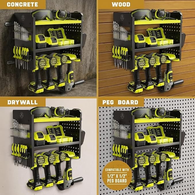 BUILTSTRONG Power Tool Organizer Wall Mount – 3-Tier Heavy-Duty Steel Rack, 4 Drill Slots, Pegboard + Utility Side, 100 lb Capacity – Garage, Workshop & Shed Storage (Green)