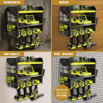 BUILTSTRONG Power Tool Organizer Wall Mount – 3-Tier Heavy-Duty Steel Rack, 4 Drill Slots, Pegboard + Utility Side, 100 lb Capacity – Garage, Workshop & Shed Storage (Green)