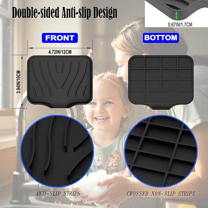 Silicone Soap Dish 2-Pack Black & Gray- Fast-Draining Bathroom Sink Organizer, Non-Slip Shower Soap Tray with Drainage, Durable Silicone Holder for Kitchen & Bathroom (4.72x3.94x0.67 in)