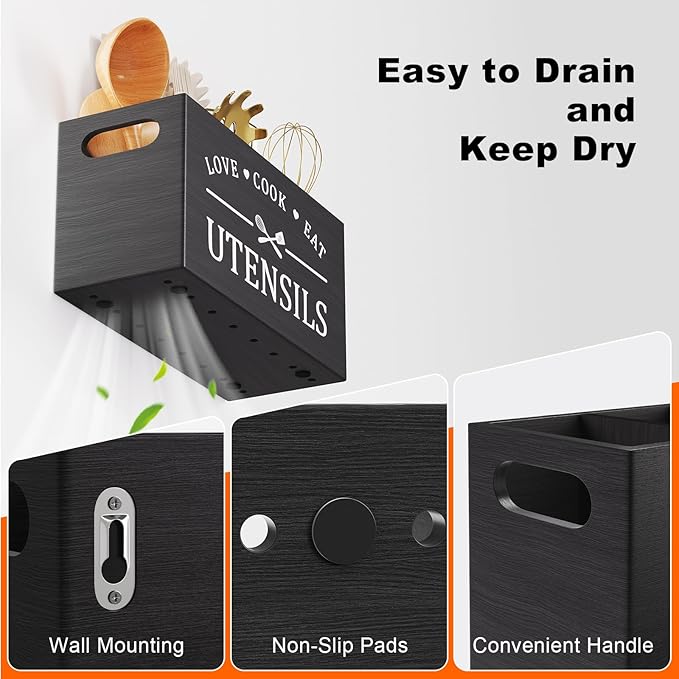 Extra Large Utensil Holder for Kitchen Counter with 4 Compartments, Kitchen Cooking Utensils Holder for Countertop,Black Wooden Utensil Caddy for Farmhouse Spatula,Cutlery,Wood Wall Mounted Organizer