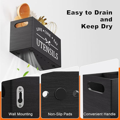 Extra Large Utensil Holder for Kitchen Counter with 4 Compartments, Kitchen Cooking Utensils Holder for Countertop,Black Wooden Utensil Caddy for Farmhouse Spatula,Cutlery,Wood Wall Mounted Organizer