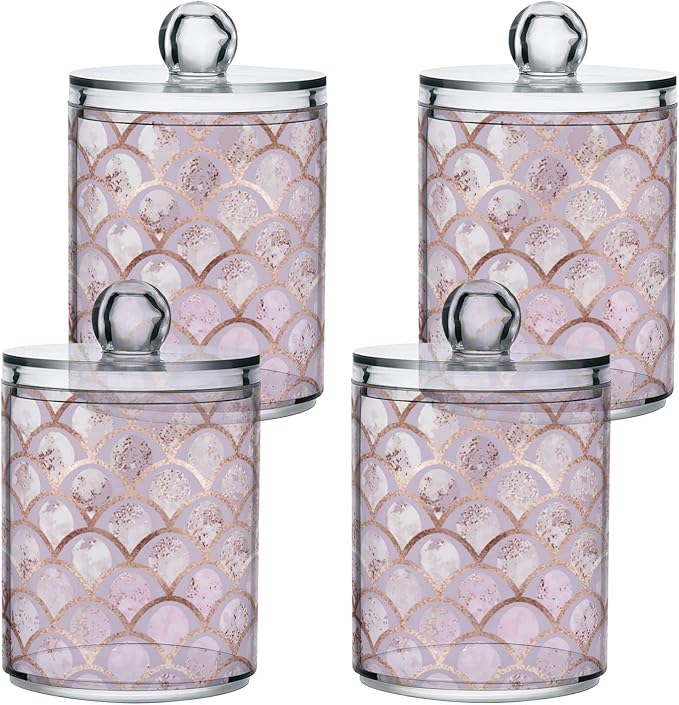 ALAZA 2 Pack Qtip Holder Dispenser Rose Gold Mermaid Pink Marble Bathroom Organizer Canisters for Cotton Balls/Swabs/Pads/Floss,Plastic Apothecary Jars for Vanity