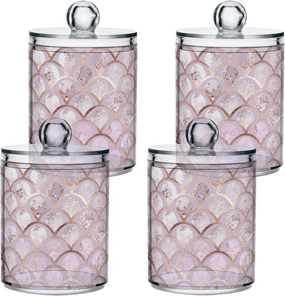 ALAZA 2 Pack Qtip Holder Dispenser Rose Gold Mermaid Pink Marble Bathroom Organizer Canisters for Cotton Balls/Swabs/Pads/Floss,Plastic Apothecary Jars for Vanity