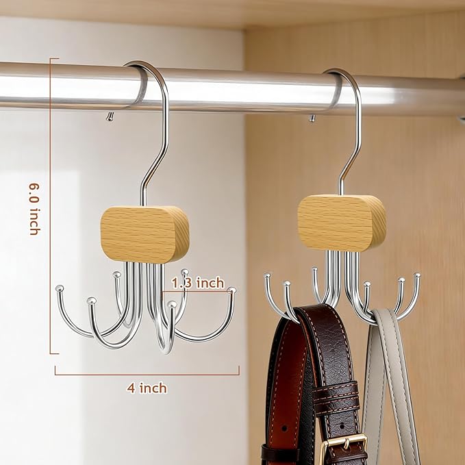 Belt Hanger for Closet, 3 Pack Belt Organizer for Closet Space Saving & Storage, 360° Rotatable & Foldable Hooks, Large Capacity Holder Rack for Tie, Tank Top, Bra, Purse, Hat (Natural)