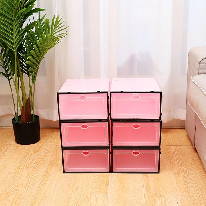 NUOBESTY 6pcs Thickened Stackable Shoes Storage Boxes Plastic Shoe Containers with Black Frame Pink Lid for Men’s Closet Organization