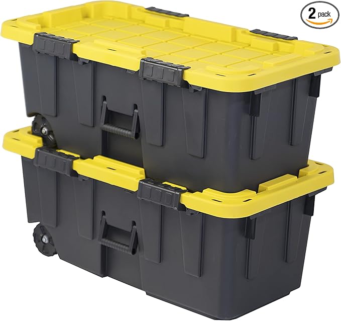 CX BLACK & YELLOW, 20-Gallon Heavy Duty Tough Storage Footlocker & Snap-Tight Lid, (13.4H x 18.2W x 32.3D), Weather-Resistant Design and Stackable Organization Tote [2 Pack]