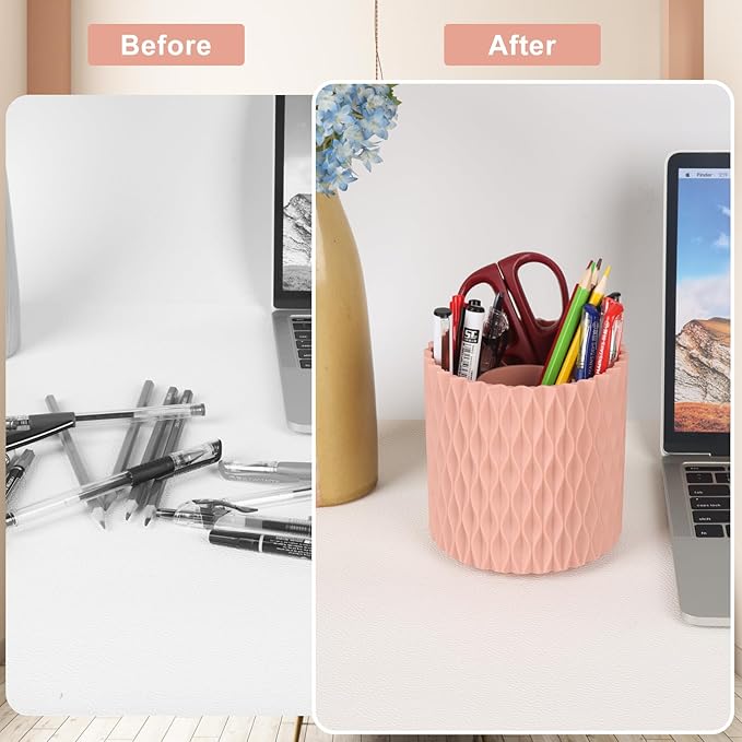 Makeup Brush Holder Organizer-360° Rotating Makeup Brush Storage,Pencil Pen Holder Cup,Desk Accessories,5 Slot Make up Brushes Cup, for Vanity Desktop Bathroom Countertop (Pink)