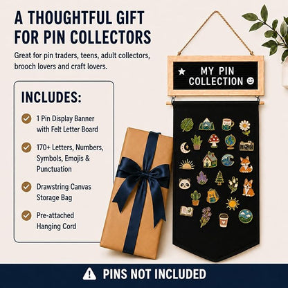 Enamel Pin Display Banner with Customizable Felt Letter Board and 170+ Letters, Hanging Canvas Pin Organizer for Lapel Pins, Brooches & Badges, Wall Display for Pin Collectors, Bedroom Dorm Decor