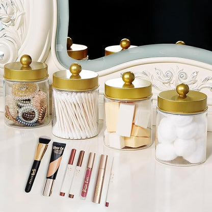 Amolliar Qtip Holder Dispenser - 8 oz Plastic Apothecary Jar Containers for Vanity Makeup Countertop Organizer Storage -Bathroom Canister Accessories Set for Cotton Swab, Ball, Pads, Floss-Gold (6)