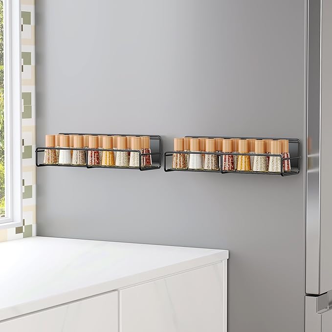 Mystozer 2 Pack Magnetic Spice Rack Organizer,Space Saver for Refrigerator and Microwave Oven, Magnetical Fridge Shelf for Jars,Seaoning,tins and Utensils (Black)