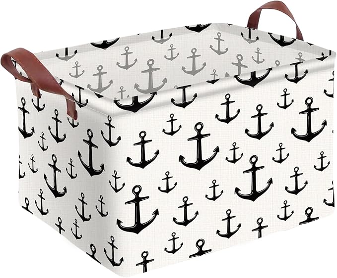 Anchor Storage Basket Waterproof Canvas Toy Storage Bin Home Anchor Decor Collapsible Outdoor Basket with Leather Handles Nautical Decor Blanket Baskets For Closets,Bedrooms,Gifts Baskets
