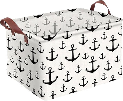 Anchor Storage Basket Waterproof Canvas Toy Storage Bin Home Anchor Decor Collapsible Outdoor Basket with Leather Handles Nautical Decor Blanket Baskets For Closets,Bedrooms,Gifts Baskets