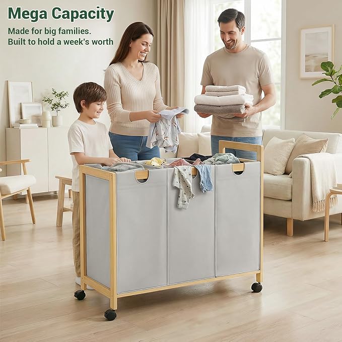 Homykic 250L Laundry Sorter Cart with Wheels, 3-Section Rolling Laundry Basket with Removable Bags, 66 Gal Large Laundry Hamper Organizer, Heavy Duty Bamboo Frame, Water-Resistant, Grey