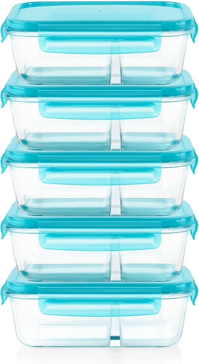 Pyrex Glass MealBox (5-Pack, 4 Cup) Divided Compartments with Locking Lids, For Meal Prepping and Portioning, BPA Free Microwave Dishwasher Safe