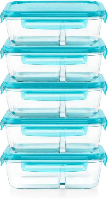 Pyrex Glass MealBox (5-Pack, 4 Cup) Divided Compartments with Locking Lids, For Meal Prepping and Portioning, BPA Free Microwave Dishwasher Safe