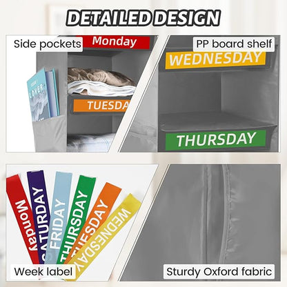 6-Shelf Weekly Clothes Organizer for Kids, Hanging Closet Organizer for Kids & Adults, Collapsible Hanging Closet Shelves, Monday-Saturday Days of The Week Clothes Shelves with 6 Side Pockets (Grey)