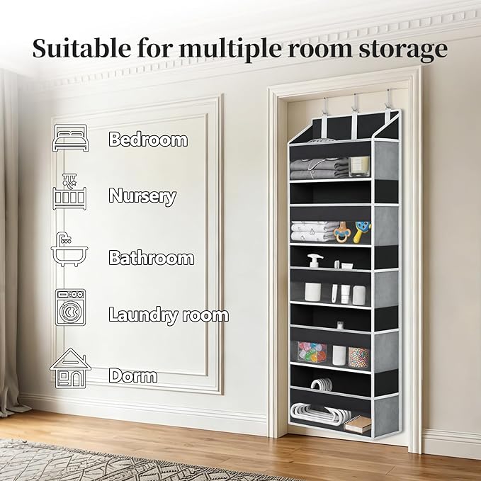 Over the Door Organizer, 5 Large Pockets Hanging Storage with Clear Windows, 10 Mesh Side Pockets, Holds Up to 44 lbs, Behind Door Organizer for Toys, Clothes, Nursery, Closet, Dorm, Black
