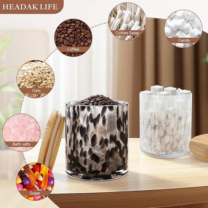 HEADAK LIFE Set of 2 Hand Blown Glass Food Storage Containers with Lids 14oz Jar with Lid Coffee Container,Spice,Sugar,Tea,Flour,Nuts,Decorative Jars for Countertop(black ＆ white)