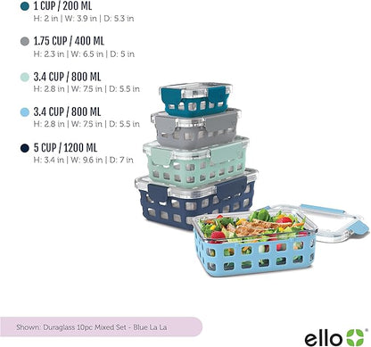 Ello Duraglass Mixed Meal Prep Sets Leak-Proof Glass Food Storage Containers with Silicone Sleeves and Airtight BPA-Free Lids, Dishwasher, Microwave, and Freezer Safe