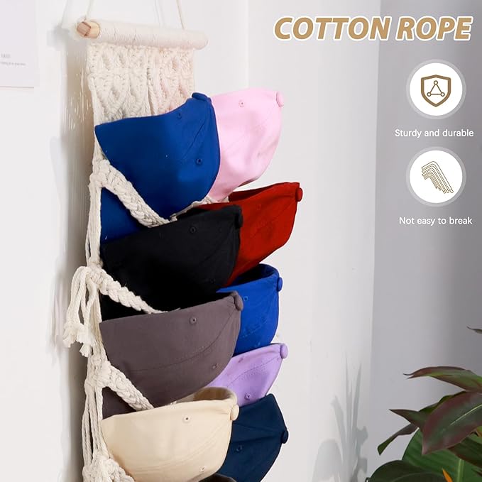 Hommtina Wall Mounted Hat Rack, Handwoven Boho Hat Organizer, Holds Up to 14 Caps, Space-Saving Storage for Bedroom, Entryway, Closet, No-Tool Installation