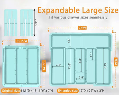 Homecor Utensil Drawer Organizer for Kitchen, Expandable Silverware Organizer Cooking Utensils Tray, Large Cutlery and Flatware Holder, Kitchen Tools & Gadgets Storage (Turquoise)