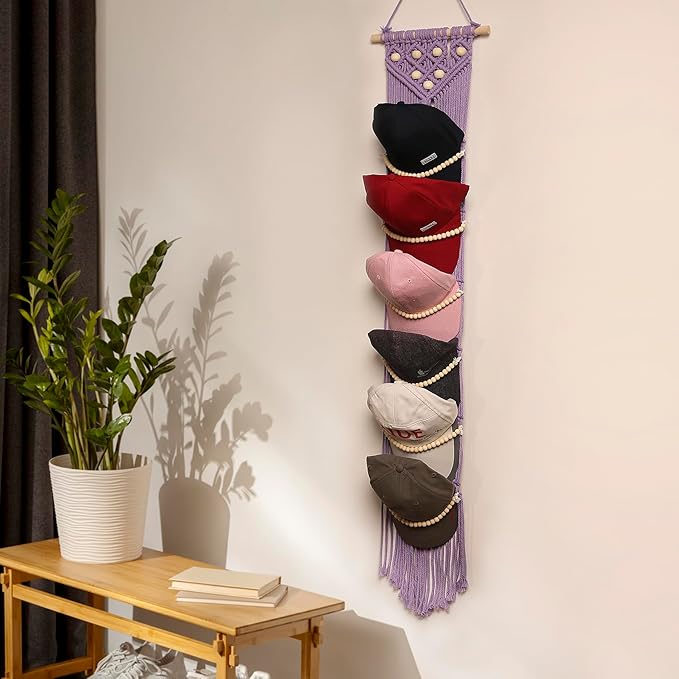 jontell Ball Cap Hanger-1 Pack-Boho Macrame Cap Holder Wall Hat Organizer for Baseball Cap Holder Over Door, Hat Rack for Wall, Cap Rack for Decoration and Display(purple)