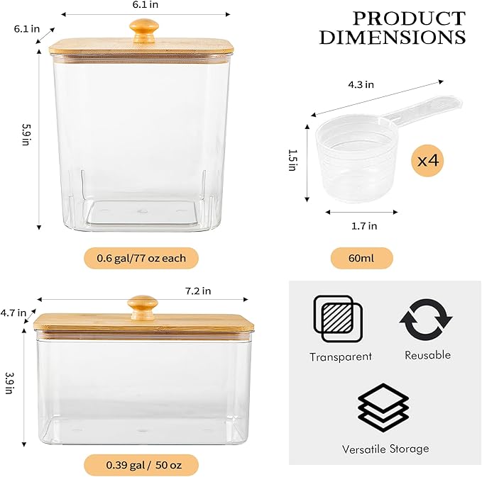 3+1 Pack Laundry Pods Container & Dryer Sheet Holder, Acrylic Square Laundry Room Organization and Storage Jars with Wooden Lids & Labels for Powder, Scent Booster, Detergent