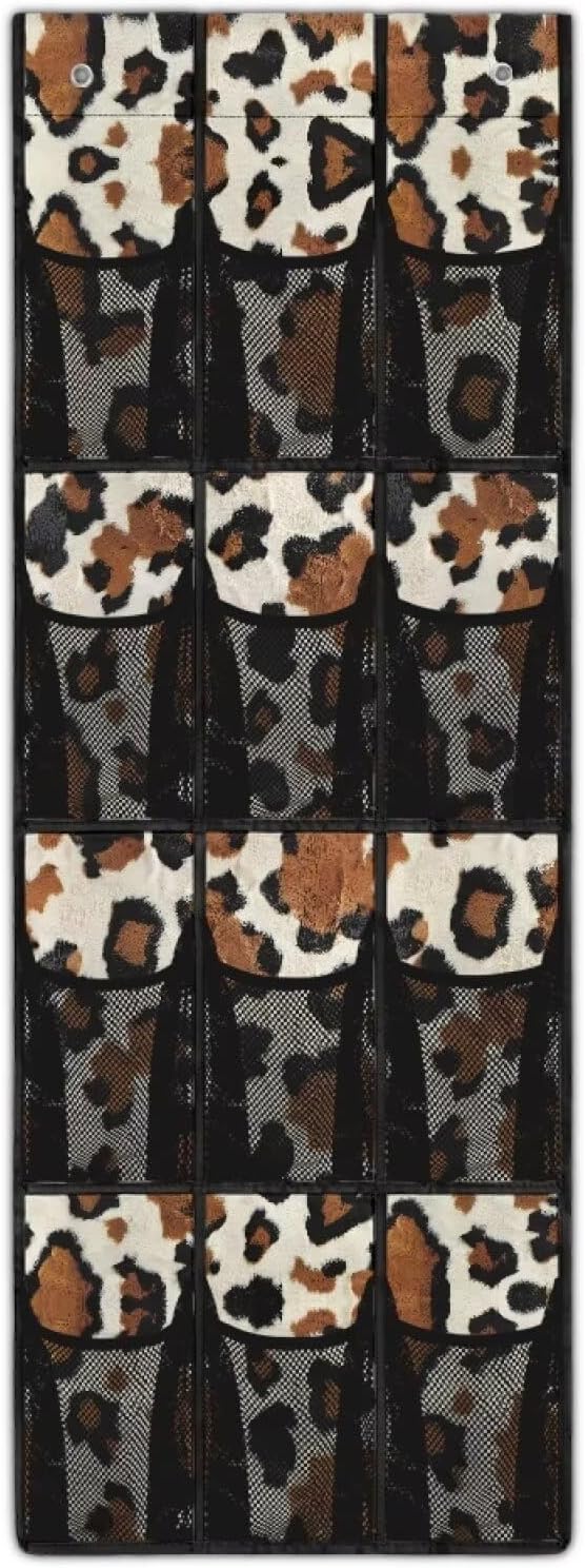 Brown Over The Door Shoe Organizer 12 Pockets Over The Door Hanging Organizer for Kids Room Toys Cowhide Spotted Shoe Holder Hanger Space Saving Wall Hanging Storage for School