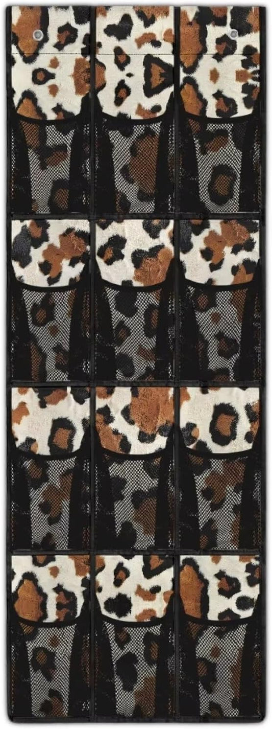 Brown Over The Door Shoe Organizer 12 Pockets Over The Door Hanging Organizer for Kids Room Toys Cowhide Spotted Shoe Holder Hanger Space Saving Wall Hanging Storage for School