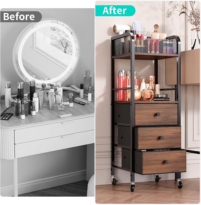HapiRm Rolling Makeup Cart Organizer - Floor Skincare Make Up Storage with 3 Non-woven Fabric Drawers, Vanity Organizer Cosmetic Display Cases Holder for Skin Care Perfume Nail Polish Brush Hair Tool