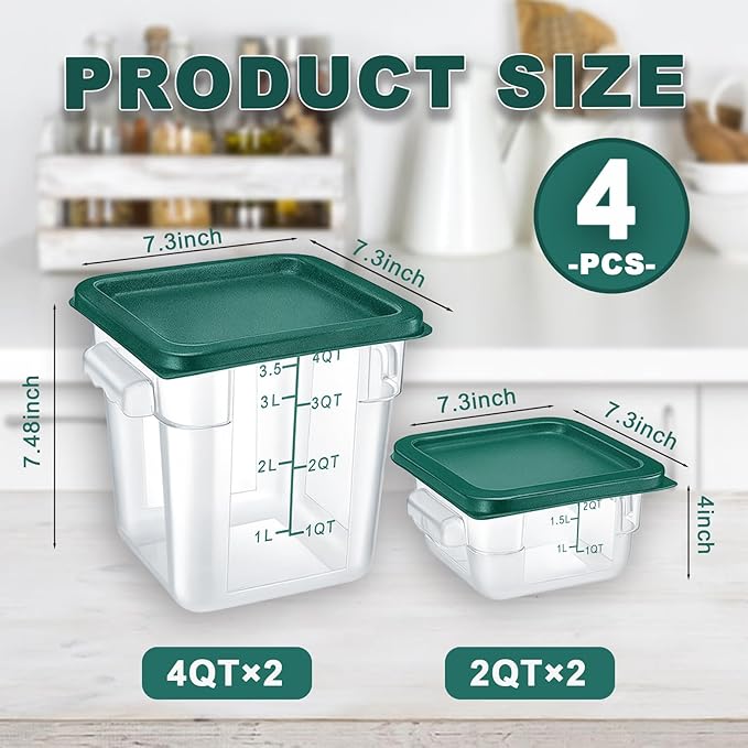 4 Pack 2QT & 4QT Food Storage Containers with Green Lids, Clear Square Restaurant Commercial Food Storage Containers with Handle and Scale, Marinating Container Dough Rising Bucket for Home & Dining