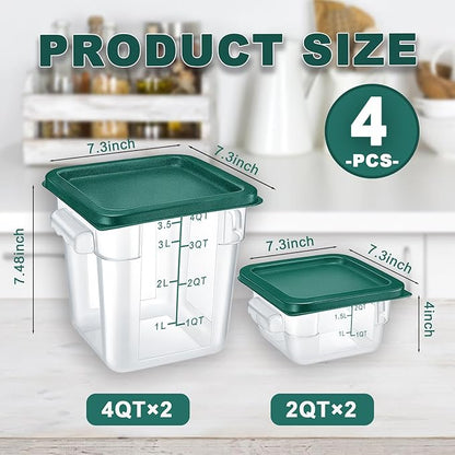 4 Pack 2QT & 4QT Food Storage Containers with Green Lids, Clear Square Restaurant Commercial Food Storage Containers with Handle and Scale, Marinating Container Dough Rising Bucket for Home & Dining