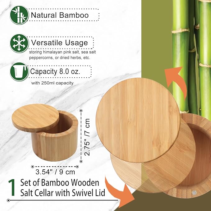 Salt Cellar with Magnetic Swivel Lid, Rustic Bamboo Salt Box for Kitchen for Seasonings/Spices/Candies, Salt Container for All Kinds of Spices/Nuts/Craft Materials, 8.0 Ounce Capacity (1Cup)