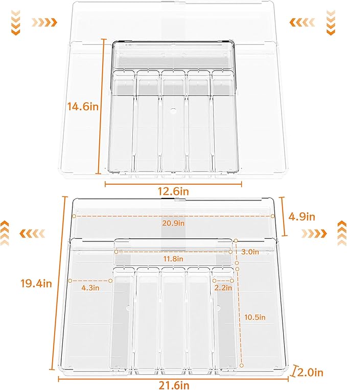 BPA-Free Expandable Utensil Drawer Organizer - Clear Plastic Adjustable Storage Tray for Kitchen Flatware, Knives, Forks and Spoons
