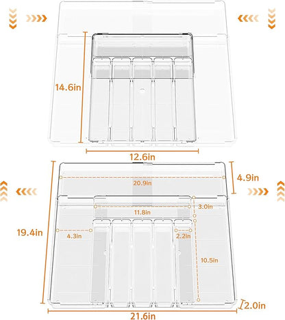 BPA-Free Expandable Utensil Drawer Organizer - Clear Plastic Adjustable Storage Tray for Kitchen Flatware, Knives, Forks and Spoons
