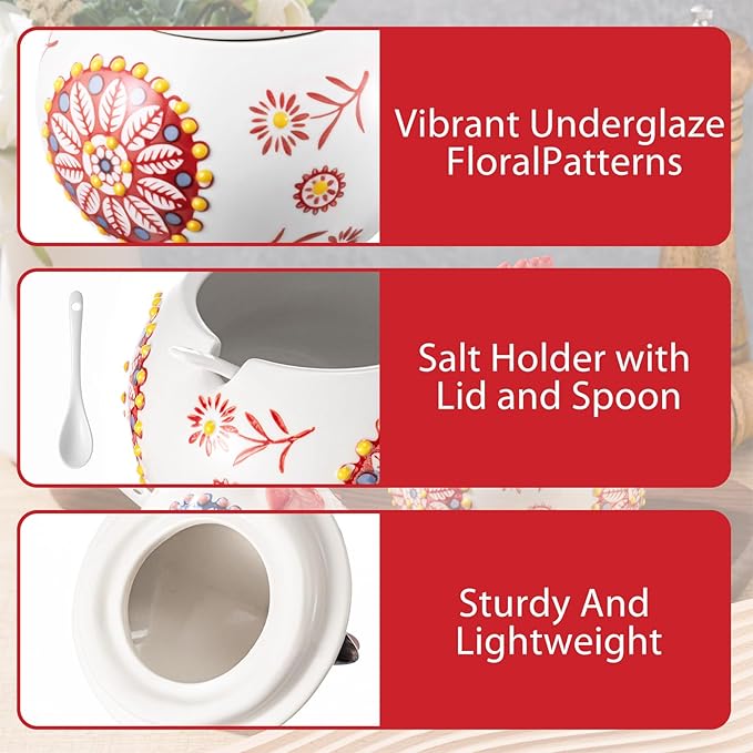 Ceramic Salt Cellar with Lid and Spoon, 13 oz Large Chicken Salt Jar, Chicken Sugar Containers for Countertop, Decorative Kitchen Holder for Coffee, Pepper, Seasonings, Spices, Candy(Red)