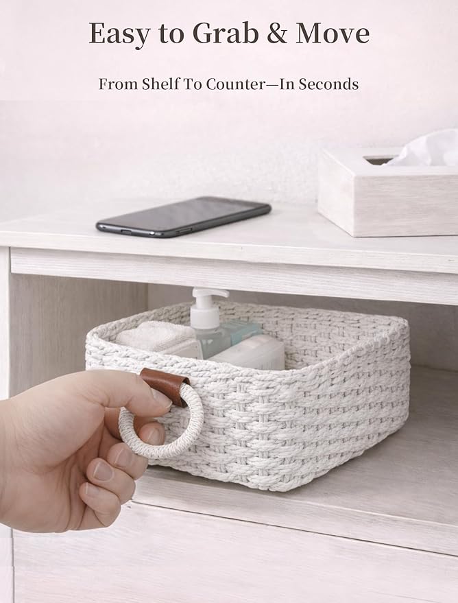 Storage Basket, Recycled Paper Rope Bathroom Basket Organizer, 3Pcs Small Baskets for Organizing, Mini wicker Basket for Decorative Storage Bins, Shelves, Bathroom, Cabinet - White