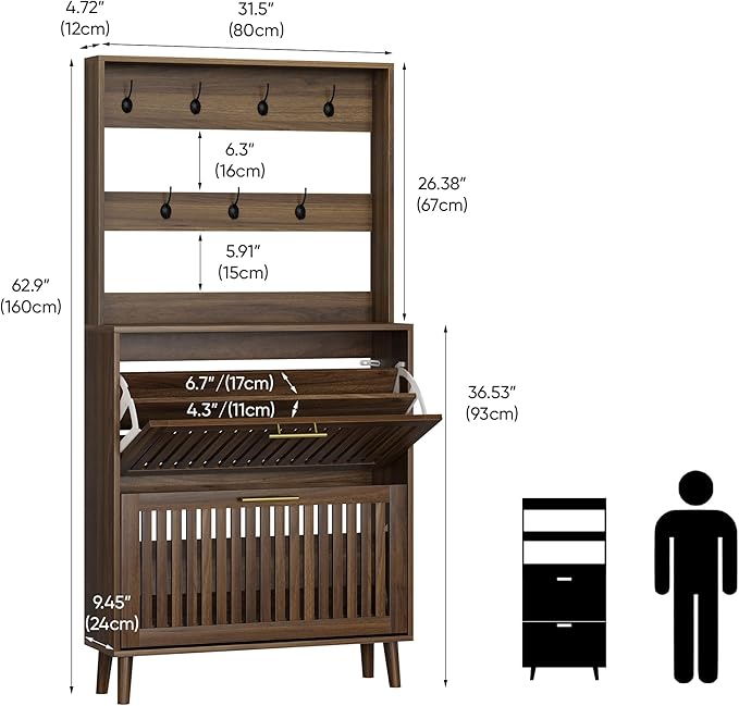 Tall Shoe Cabinet with Coat Rack, Shoe Storage Cabinet with Louvered 2 Doors, Tall Freestanding Entryway Shoe Cabinet with Adjustable Shelves, Modern Shoe Organizer Cabinet, Shoe Rack Cabinet (Walnut)